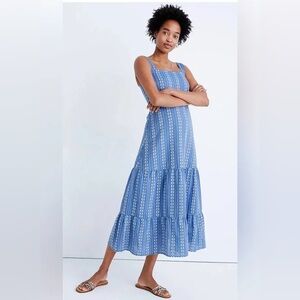 Madewell Dobby Stripe Button Back Tiered Midi Dress